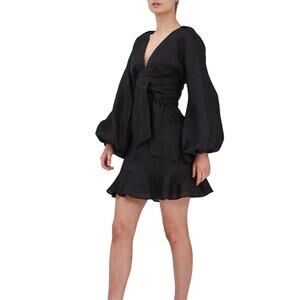 Keepsake Black Linen Balloon Sleeve Wrap Mini Dress M Cocktail Party NWT